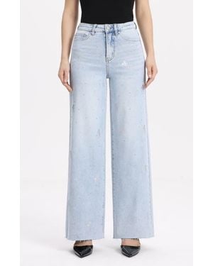 Bayeas Embellished Raw Hem High Waist Wide Leg Jeans - Blue