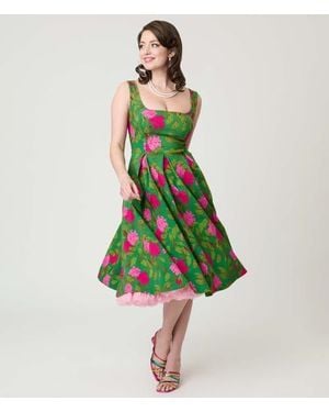 Unique Vintage Square Neck Pleated Swing Dress - Green