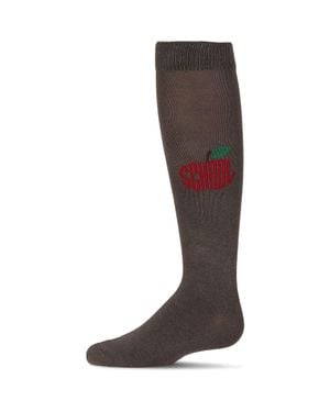 Memoi Ribbed School Apple Embroidered Knee Sock - Brown