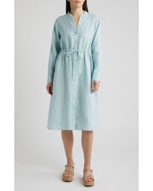 Eileen Fisher Mandarin Collar Long Sleeve Organic Linen Midi Shirtdress - Blue
