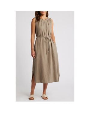 Beach Lunch Lounge Maddison Ruffle Tie Belt Cotton Midi Dress - Brown