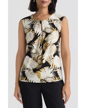 Kasper Palm Print Keyhole Sleeveless Top - Natural