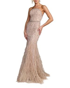 Mac Duggal Strapless Beaded Net Trumpet Gown With Feathers - Multicolor