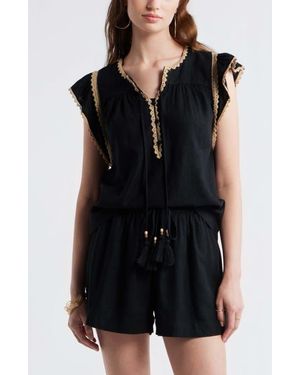 Treasure & Bond Crochet Trim Linen Blend Top - Black