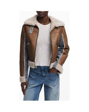 Desigual Mixed Media Faux Leather Jacket With Faux Shearling Trim - Black