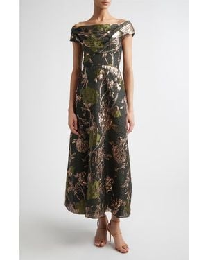 Lela Rose Floral Draped Metallic Fil Coupé Fit & Flare Dress - Multicolor