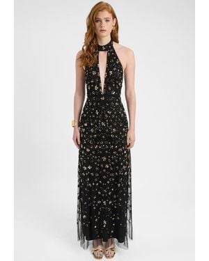 Beauut Embellished Sequin Beaded Maxi Dress With Choker-Style Collar - Black