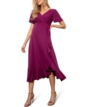 Tiffany Rose Maternity Waterfall Faux Wrap Maternity/Nursing Midi Dress - Purple