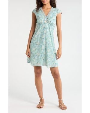 Lucky Brand Floral Embroidered Detail Cotton Blend Dress - Blue