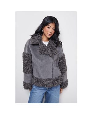 Warehouse Faux Fur Mix Zip Through Jacket - Gray