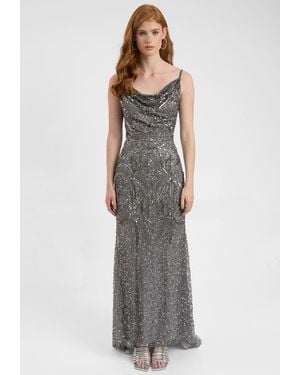 Beauut Embellished Sequin Beaded Maxi Dress With Cowl Neck - Gray