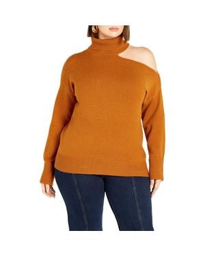 City Chic Open Shoulder Turtleneck Sweater - Orange