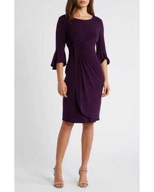 Connected Apparel Ruched Bell Sleeve Faux Wrap Cocktail Dress - Purple