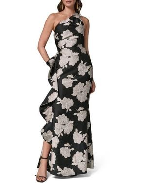 Donna Karan Floral Embroidery One-Shoulder Gown - Black