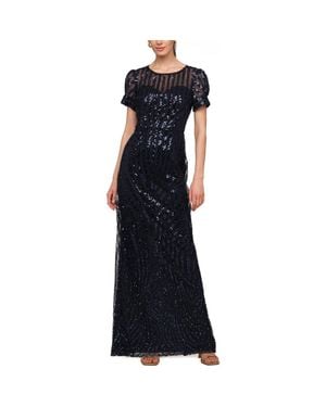 JS Collections Ivetta Sequin Stripe Illusion Neck Column Gown - Blue