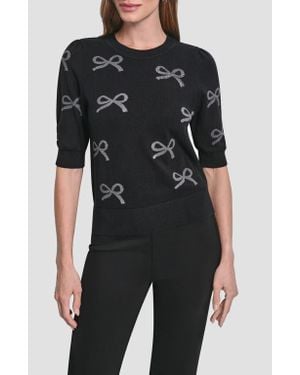 DKNY Sequin Bow Embellished Short Sleeve Cotton Blend Crewneck Sweater - Black