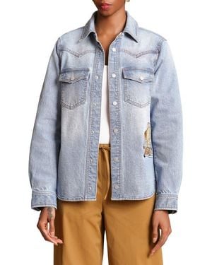 Avec Les Filles Cheetah Embroidered Stretch Denim Shirt Jacket - Blue