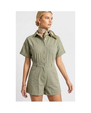 Knit & Lounge Short Sleeve Utility Romper With Button Front And Patch Pockets - Green