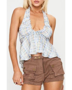 Princess Polly Gadot Check Ruched Halter Top - Blue