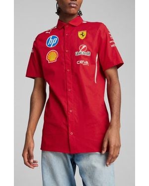 PUMA Scuderia Ferrari 2025 Team Short Sleeve Stretch Cotton Poplin Button-Up Shirt - Red