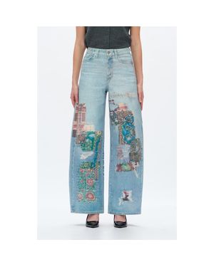 Bayeas Print High Waist Barrel Leg Jeans - Blue
