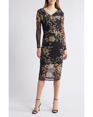 NIKKI LUND Britt Floral Print Long Sleeve Mesh Maxi Dress - Black