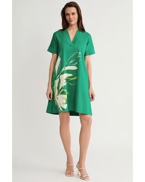 Ming Wang Relaxed A-Line Floral Printed Stretch Cotton Dress - Green