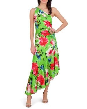 Eliza J One Shoulder Floral Asymmetric Satin Cocktail Dress - Green