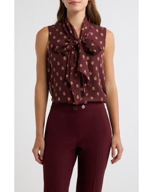 Anne Klein Medallion Print Sleeveless Crepe Bow Top - Red