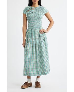 Damson Madder Ebba Plaid Cutout Detail Organic Cotton Dress - Blue