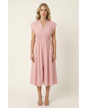 Modenaire Cap Sleeve Smocked Front Zip Midi Dress - Pink