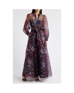 Julia Jordan Floral Long Sleeve Organza Shirtdress Gown - Purple