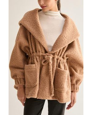 Crescent Cinched Waist Hooded Boucle Jacket - Brown