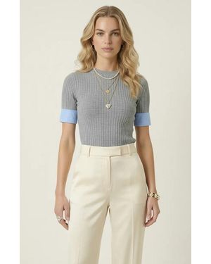 Modenaire Ribbed Knit Short Sleeve Top - Blue