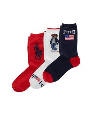 Polo Ralph Lauren Americana Bear Assorted 3-Pack Cotton Blend Crew Socks Gift Box - Red