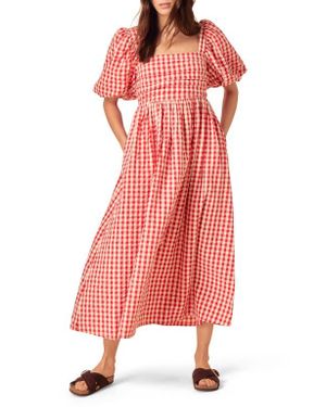 Nobody's Child Nova Gingham Puff Sleeve Linen Blend Midi Dress - Red
