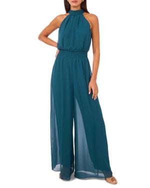 Vince Camuto Tie Neck Chiffon Overlay Wide Leg Jumpsuit - Blue