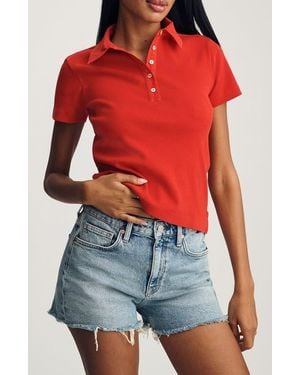 Mavi Crop Stretch Cotton Rib Polo T-Shirt - Red