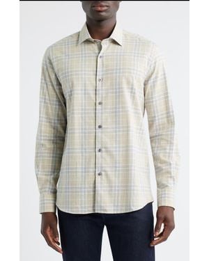 Scott Barber Weekend Regular Fit Heathered Plaid Cotton Button-Up Shirt - White