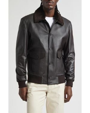 Thom Sweeney Leather Bomber Jacket With Genuine Shearling Collar - Black