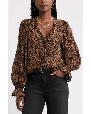 Treasure & Bond Floral Ruffled Button Front Shirt - Brown