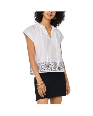 Vince Camuto Ruffle Trim Split Neck Border Print Top - Black