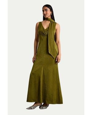 Warehouse Plain Scarf Detail Tie Neck Maxi Dress - Green