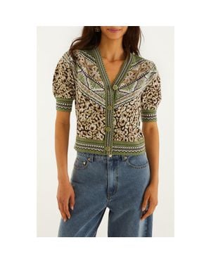 FARM Rio Leopard Border Print Puff Sleeve Sweater - Green