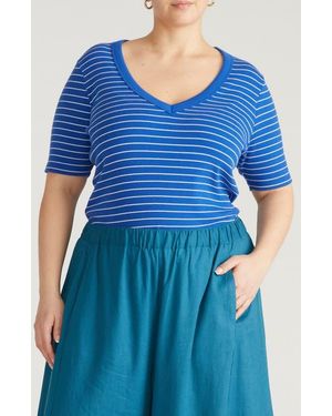 UNIVERSAL STANDARD V-Neck Elbow Sleeve Cotton T-Shirt - Blue