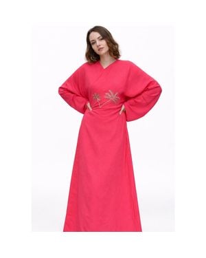 Le Fafo Palm Embroidered Silk Kaftan - Pink