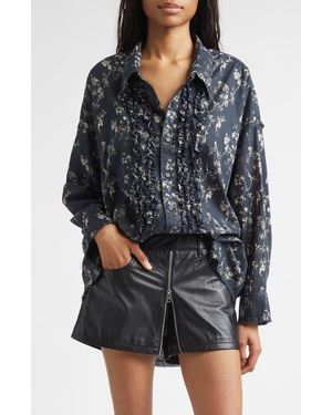R13 Floral Print Ruffle Cotton Button-Up Shirt - Black