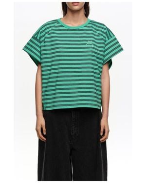 Bimba Y Lola Striped Cropped T-Shirt With Embroidered Logo - Green
