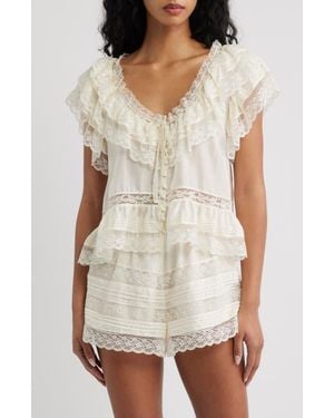 LoveShackFancy Persine Lace Trim Silk Top - Natural
