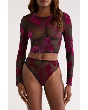 Kilo Brava Floral Flocked Long Sleeve Crop Top - Red